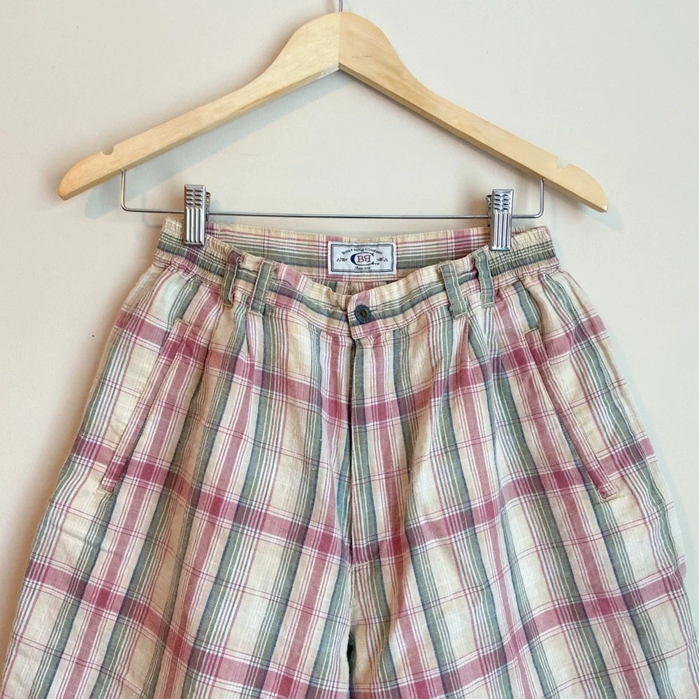 Vintage Plaid Cotton Shorts in Cream, Pink & Green